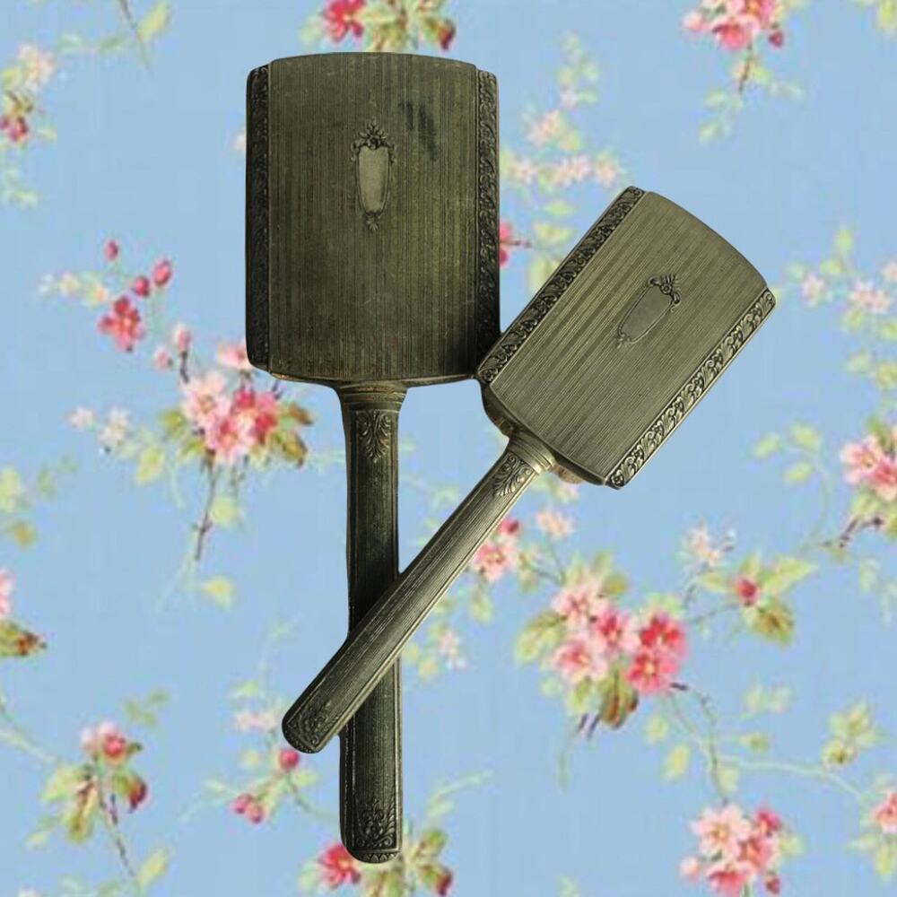 Mid Century Patina Silver Tone Vanity Set Hand Mirror Hair Brush Vintage Set